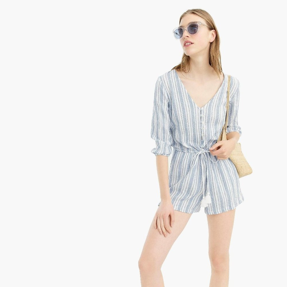 J. Crew Tassel-Tie Waist Romper Textured Stripe S
